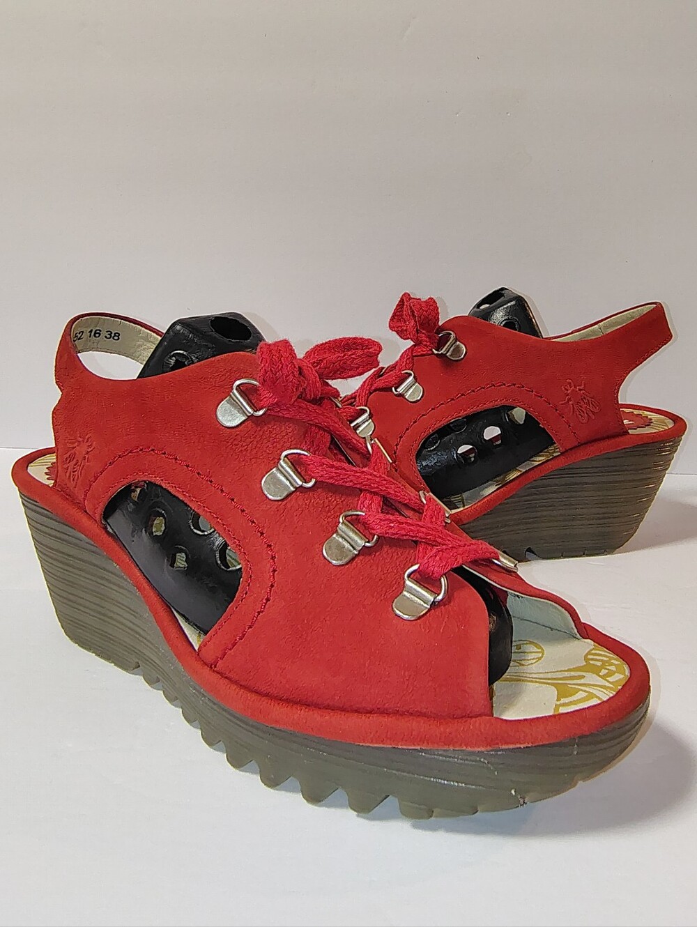 FLY London Ylfa Scarlet Women’s Leather Lace-Up Slingback Wedge Platform Sandals